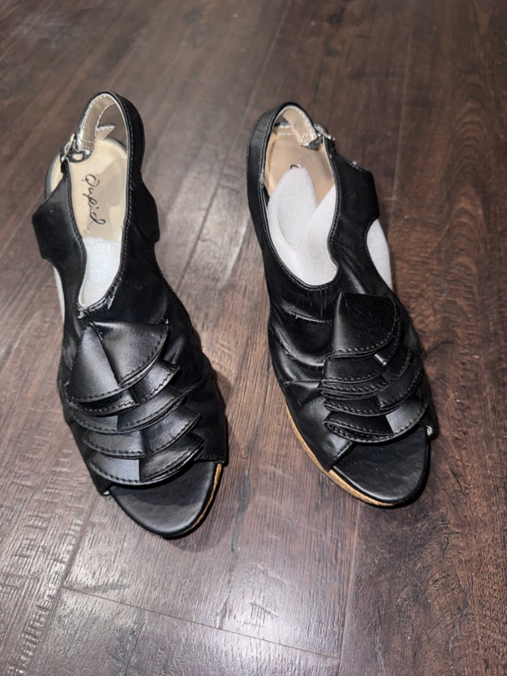 Qupid Black Ruffled Peep-Toe Wedge Slingbacks